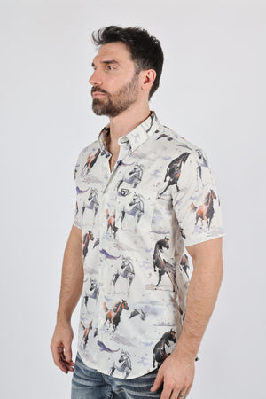 Platini Fashion Shirts Mens Short Sleeve Modern Fit Stretch Wild Horses Print Shirt