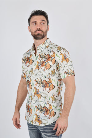 Platini Fashion Shirts Mens Short Sleeve Modern Fit Stretch Wild Horses Print Shirt