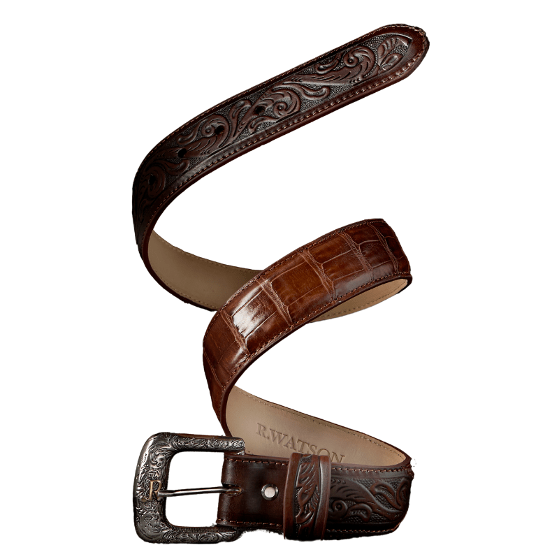 R WATSON BOOTS Accessories R. Watson Men's Caiman Tabaco Belly Tail Glazed with Billets Belt RWB2309
