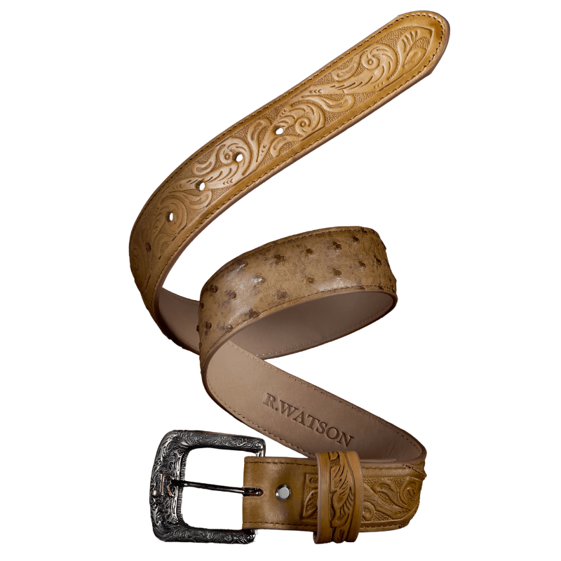 R WATSON BOOTS Accessories R. Watson Men's Ostrich Antique Saddle with Billets Belt RWB2310