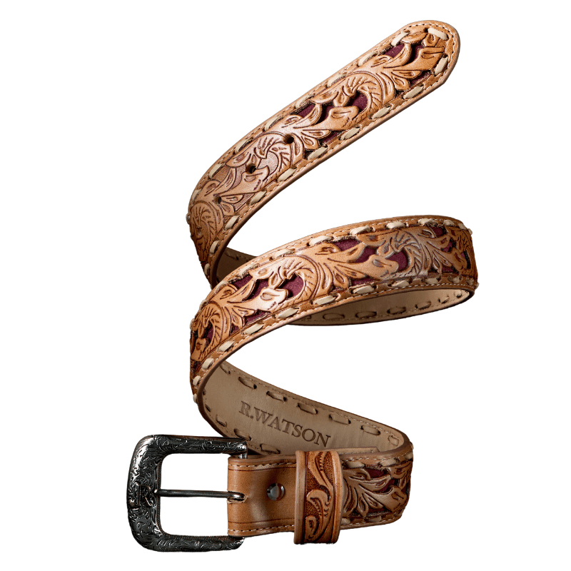 R WATSON BOOTS Belts R. Watson Men's Rhubarb Suede Underlay Embossed Belt RWB2353