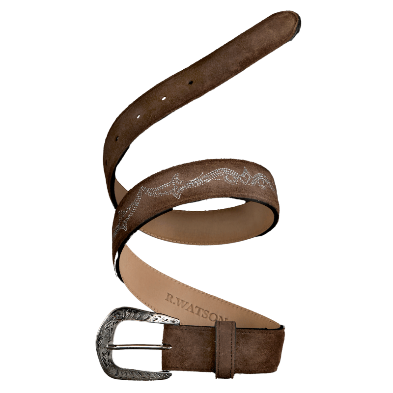 R WATSON BOOTS Belts R. Watson Women's Chocolate Suede Embroidered Belt RWBL2333
