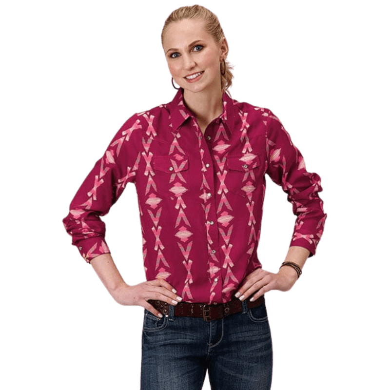 ROPER/KARMEN Shirts Roper Women's Five Star Fall I Wine Aztec Print Long Sleeve Snap Shirt 03-050-0590-6086 PU
