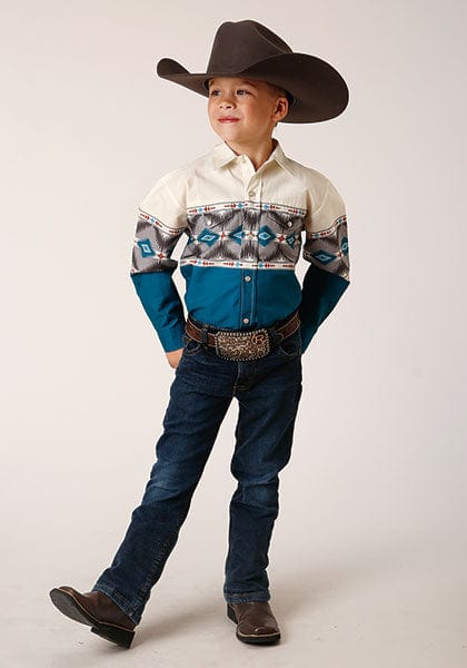 Roper Shirts Roper Boys Aztec Border Print Long Sleeve Western Snap Shirt 03-030-0431-0609 BU
