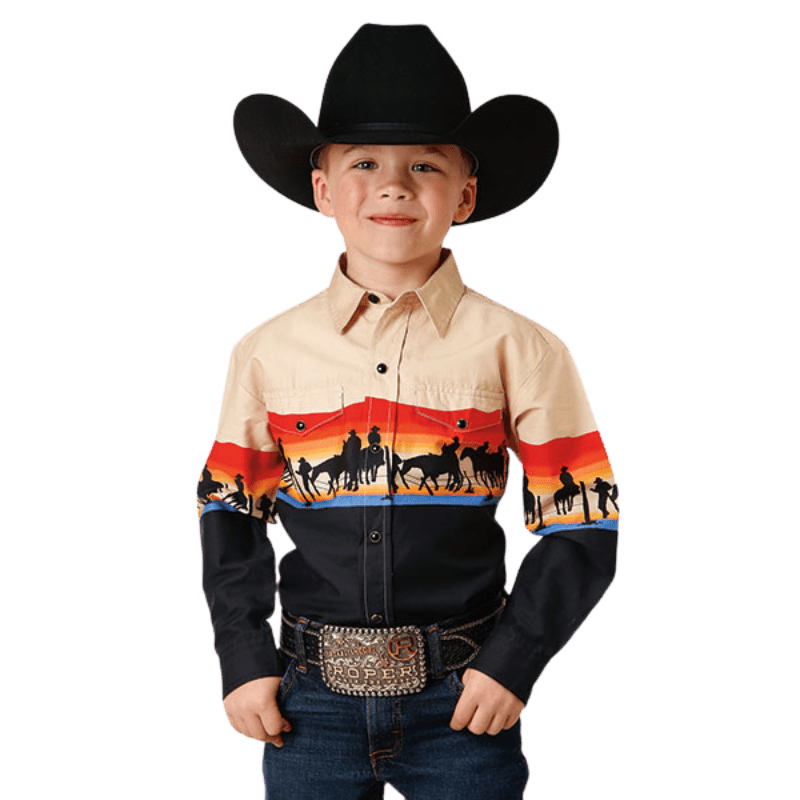 Roper Shirts Roper Boys Vintage Scenic Print Long Sleeve Western Snap Shirt 03-030-0421-0612 BL