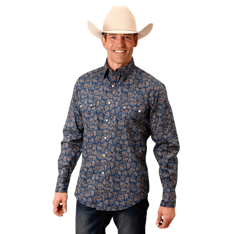 Roper Shirts Roper Men's Navy Paisley Long Sleeve Western Snap Shirt 03-001-0064-0782 BU