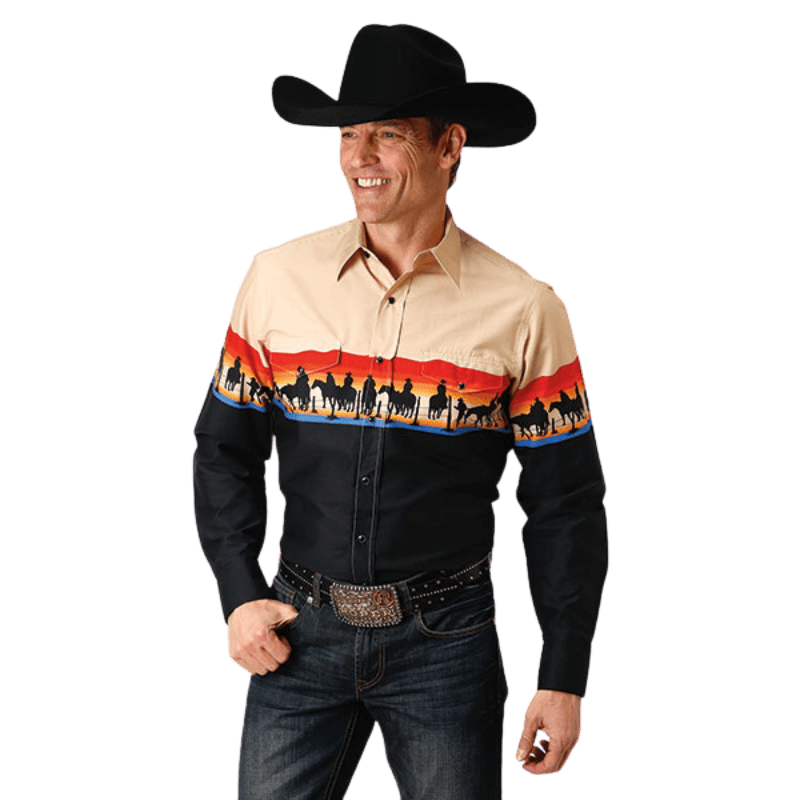 Roper Men s Vintage Cowboy Border Print Long Sleeve Western Snap