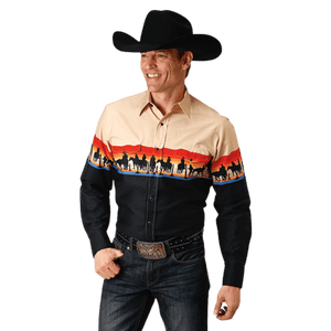 ROPER Shirts Roper Men's Vintage Cowboy Print Long Sleeve Western Snap Shirt 03-001-0421-0612 BL