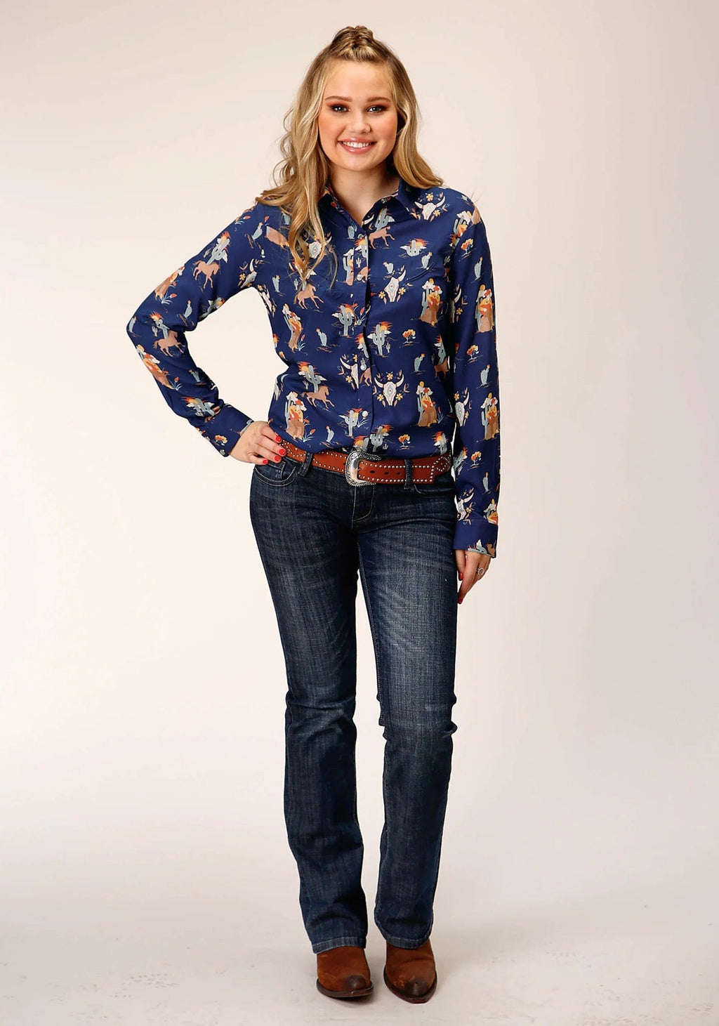 Roper Shirts Roper Women's Blue Cowboy Print Long Sleeve Western Snap Shirt 03-050-0590-6122 BU