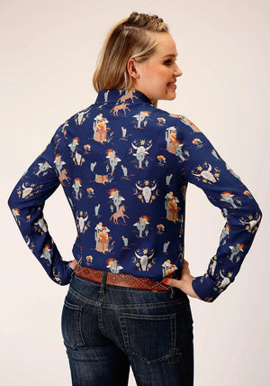 Roper Shirts Roper Women's Blue Cowboy Print Long Sleeve Western Snap Shirt 03-050-0590-6122 BU