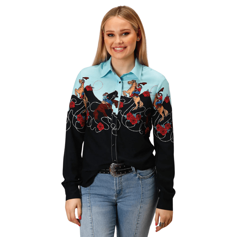 Roper Shirts Roper Women's Cowgirl Border Printed Long Sleeve Western Snap Shirt 03-050-0590-6114 BL