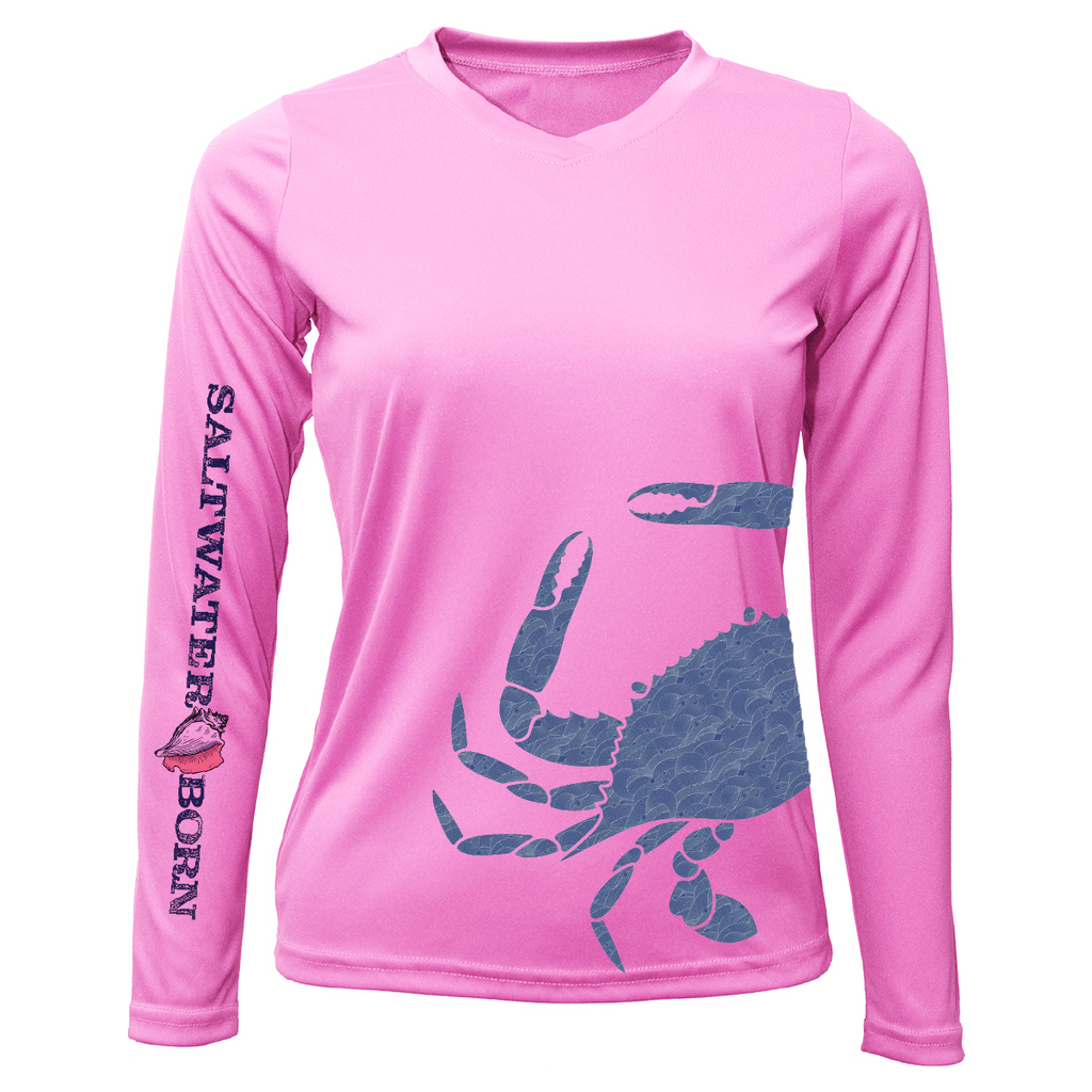 SALTWATER BORN Shirts Blue Crab Wrap Women's Long Sleeve UPF 50+ Dry-Fit Shirt