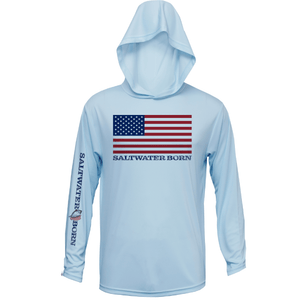Saltwater Born Shirts S / ICE BLUE American Flag Long Sleeve UPF 50+ Dry-Fit Hoodie