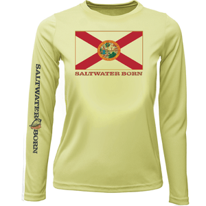 Saltwater Born Shirts YOUTH XS / CANARY Key West, FL Florida Flag Girl's Long Sleeve UPF 50+ Dry-Fit Shirt