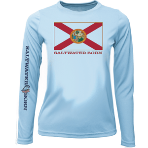 Saltwater Born Shirts YOUTH XS / ICE BLUE Key West, FL Florida Flag Girl's Long Sleeve UPF 50+ Dry-Fit Shirt