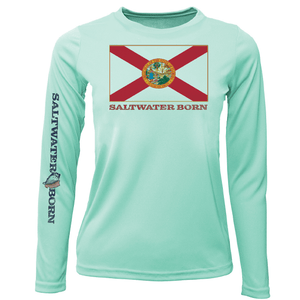 Saltwater Born Shirts YOUTH XS / SEAFOAM Key West, FL Florida Flag Girl's Long Sleeve UPF 50+ Dry-Fit Shirt