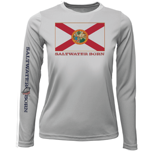 Saltwater Born Shirts YOUTH XS / SILVER Key West, FL Florida Flag Girl's Long Sleeve UPF 50+ Dry-Fit Shirt