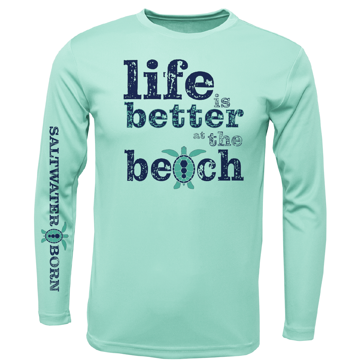 Men's Clean Life Is Better at The Beach Turtle Long Sleeve UPF 50+ Dry-Fit Shirt in Seafoam | Size Medium