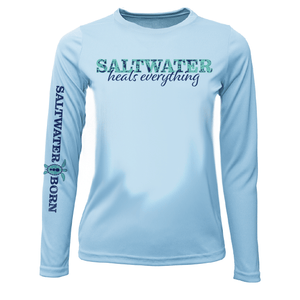 Saltwater Born UPF 50+ Long Sleeve YOUTH S / ICE BLUE Key West, FL "Saltwater Heals Everything" Girl's Long Sleeve UPF 50+ Dry-Fit Shirt
