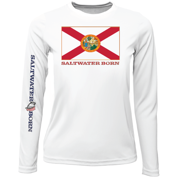 Saltwater Born UPF 50+ Long Sleeve YOUTH S / WHITE Key West, FL Florida Flag Girl's Long Sleeve UPF 50+ Dry-Fit Shirt