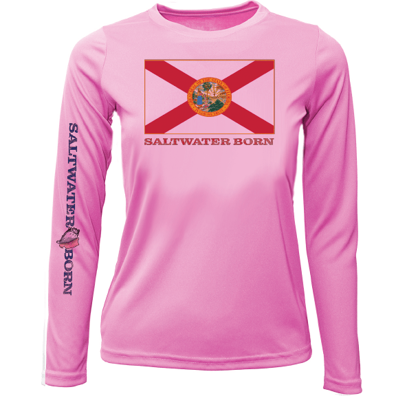 Saltwater Born UPF 50+ Long Sleeve YOUTH XS / PINK Key West, FL Florida Flag Girl's Long Sleeve UPF 50+ Dry-Fit Shirt