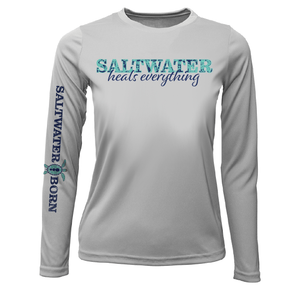 Saltwater Born UPF 50+ Long Sleeve YOUTH XS / SILVER Key West, FL "Saltwater Heals Everything" Girl's Long Sleeve UPF 50+ Dry-Fit Shirt