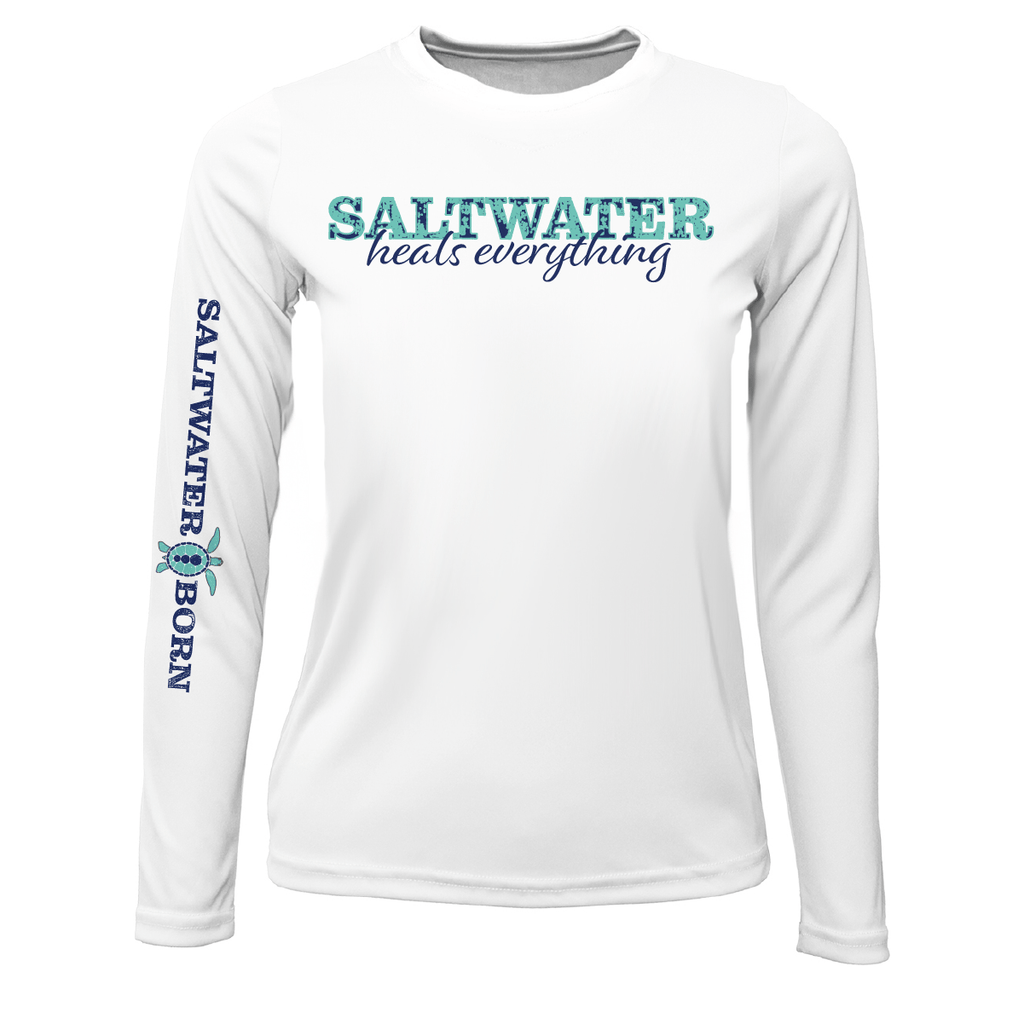 Saltwater Born UPF 50+ Long Sleeve YOUTH XS / WHITE Key West, FL "Saltwater Heals Everything" Girl's Long Sleeve UPF 50+ Dry-Fit Shirt