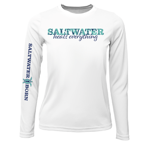 Saltwater Born UPF 50+ Long Sleeve YOUTH XS / WHITE Key West, FL "Saltwater Heals Everything" Girl's Long Sleeve UPF 50+ Dry-Fit Shirt