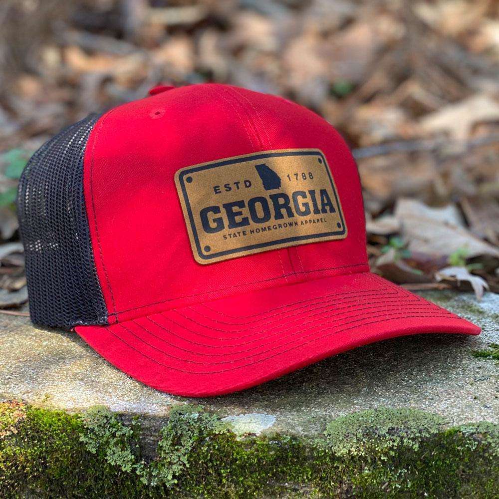 STATE HOMEGROWN Hats Red/Black-Tan Georgia License Plate Trucker Hat