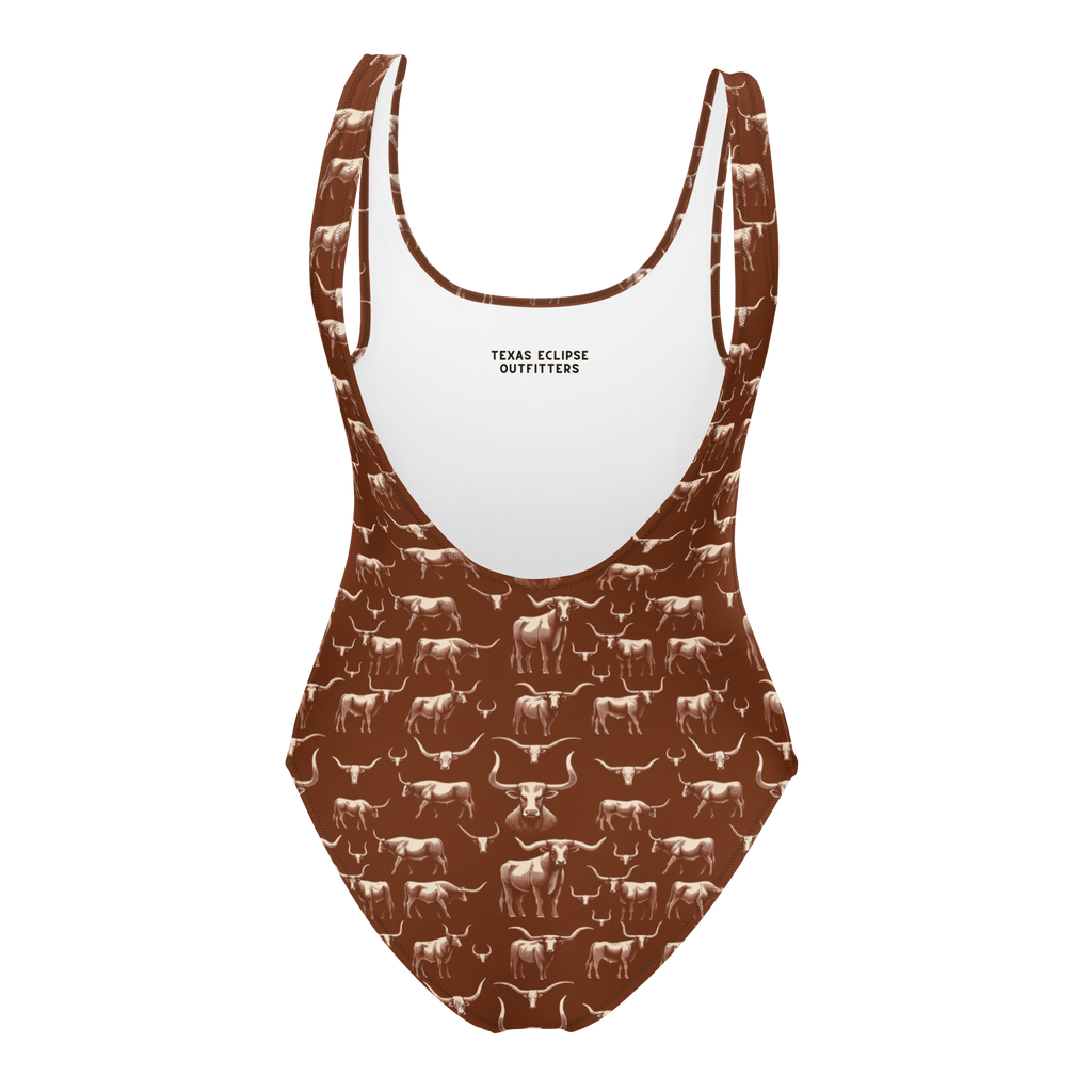 Texas Eclipse Outfitters Wild Steer: Fiery Longhorn One-Piece Swimsuit