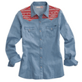 Tin Haul Shirts Tin Haul Women's Denim Aztec Print Long Sleeve Western Snap Shirt 10-050-0060-0605 BU