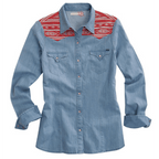 Tin Haul Shirts Tin Haul Women's Denim Aztec Print Long Sleeve Western Snap Shirt 10-050-0060-0605 BU