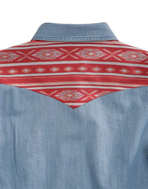 Tin Haul Shirts Tin Haul Women's Denim Aztec Print Long Sleeve Western Snap Shirt 10-050-0060-0605 BU