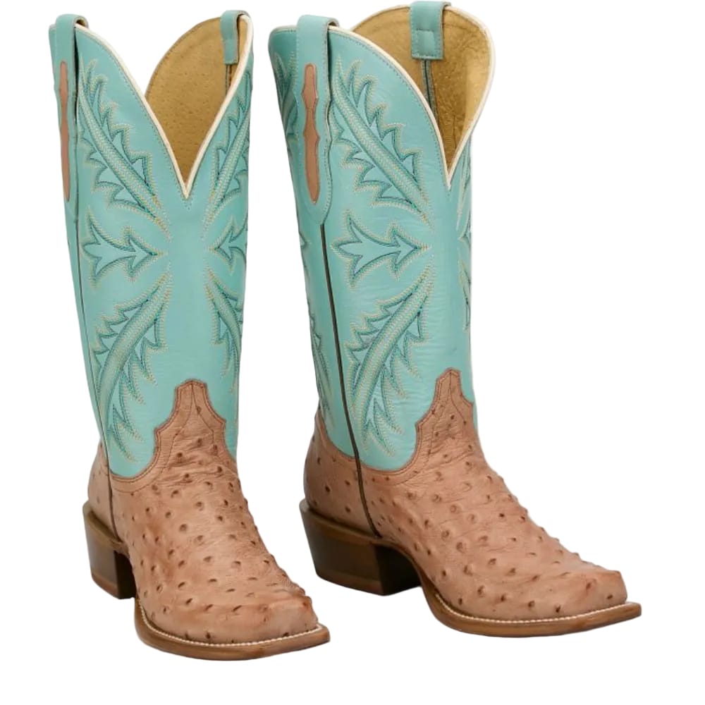 TONY LAMA Boots Tony Lama Women's Amber Tan & Turquoise Ostrich Exotic Western Boots RN3651