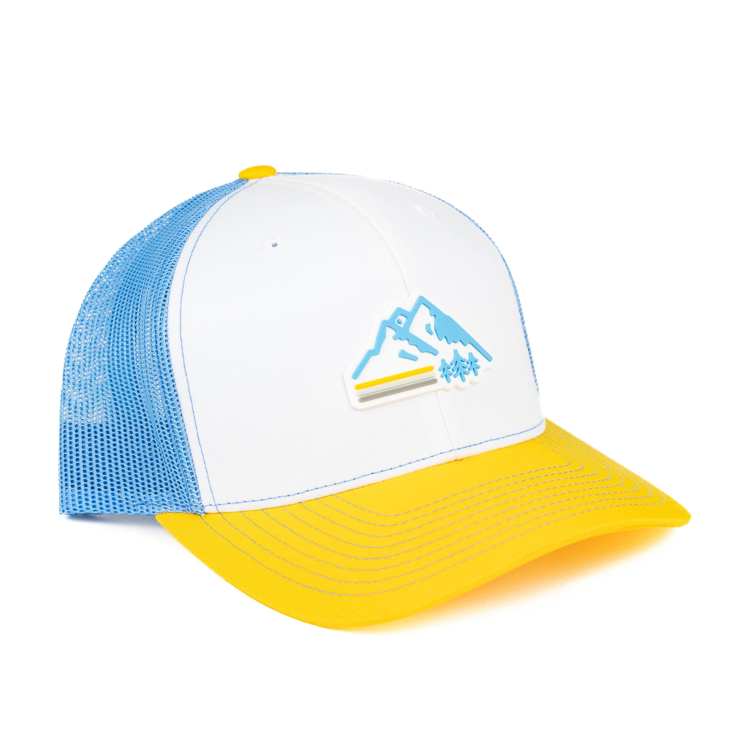 TriPine Trucker Hat White/ Columbia Blue/ Yellow Retro Mountain Trucker Hat