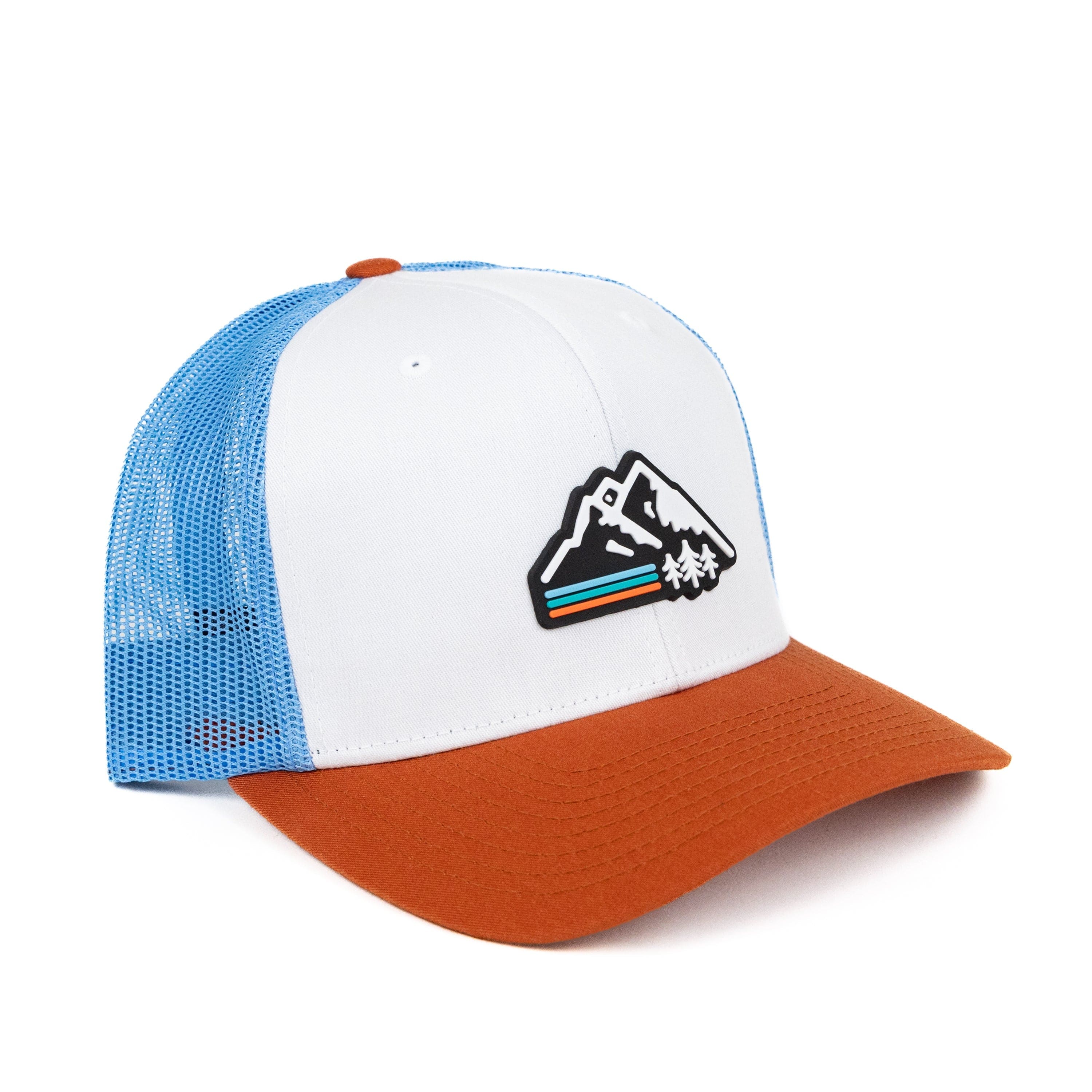 TriPine Trucker Hat White/ Sky Blue/ Dark Orange Retro Mountain Trucker Hat