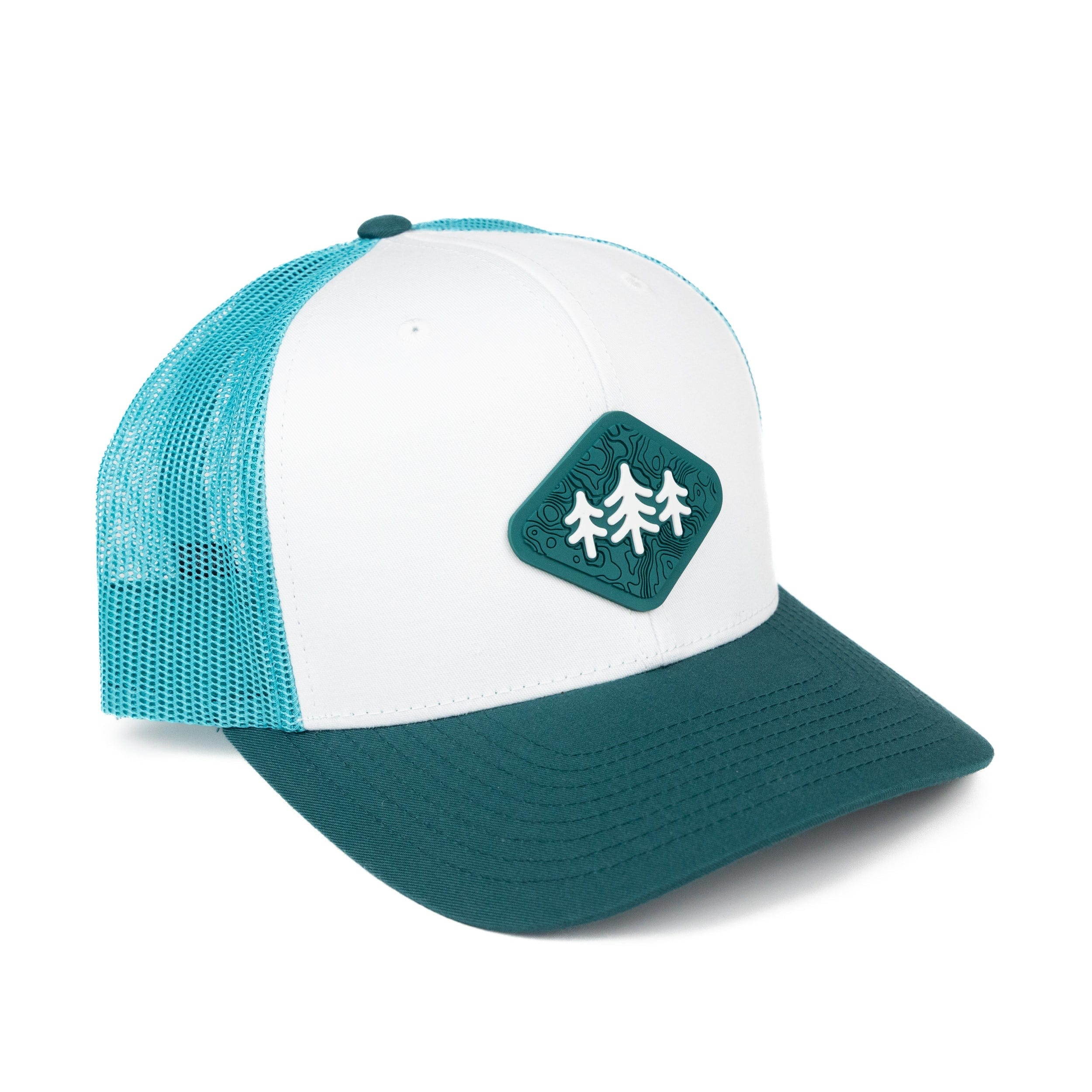 TriPine Trucker Hat White/ Teal/ Deep Teal Topo Diamond Pines Trucker Hat