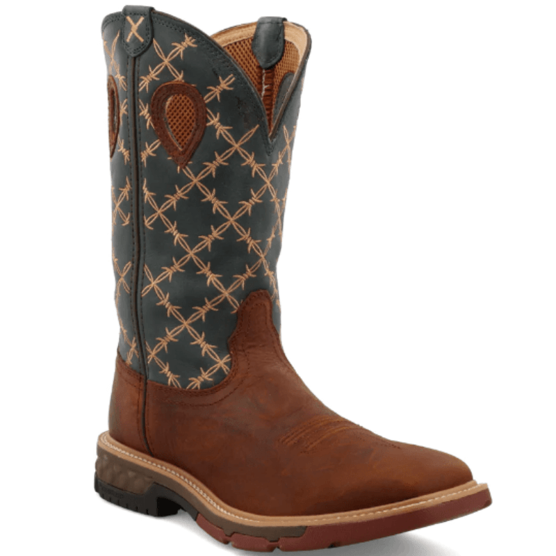 TWISTED X BOOTS Boots Twisted X Men's Mocha/Slate Green Barbwire Embroidered Cell Stretch Work Boots MXB0005