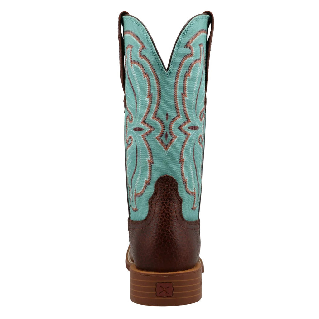 Brown Cowboy Boots featuring a turquoise upper shaft & showing an intricate stitch pattern. 