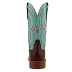 Brown Cowboy Boots featuring a turquoise upper shaft & showing an intricate stitch pattern. 