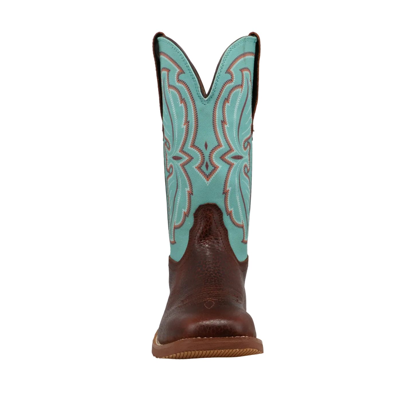 Brown Cowboy Boots featuring a turquoise upper shaft & showing an intricate stitch pattern. 