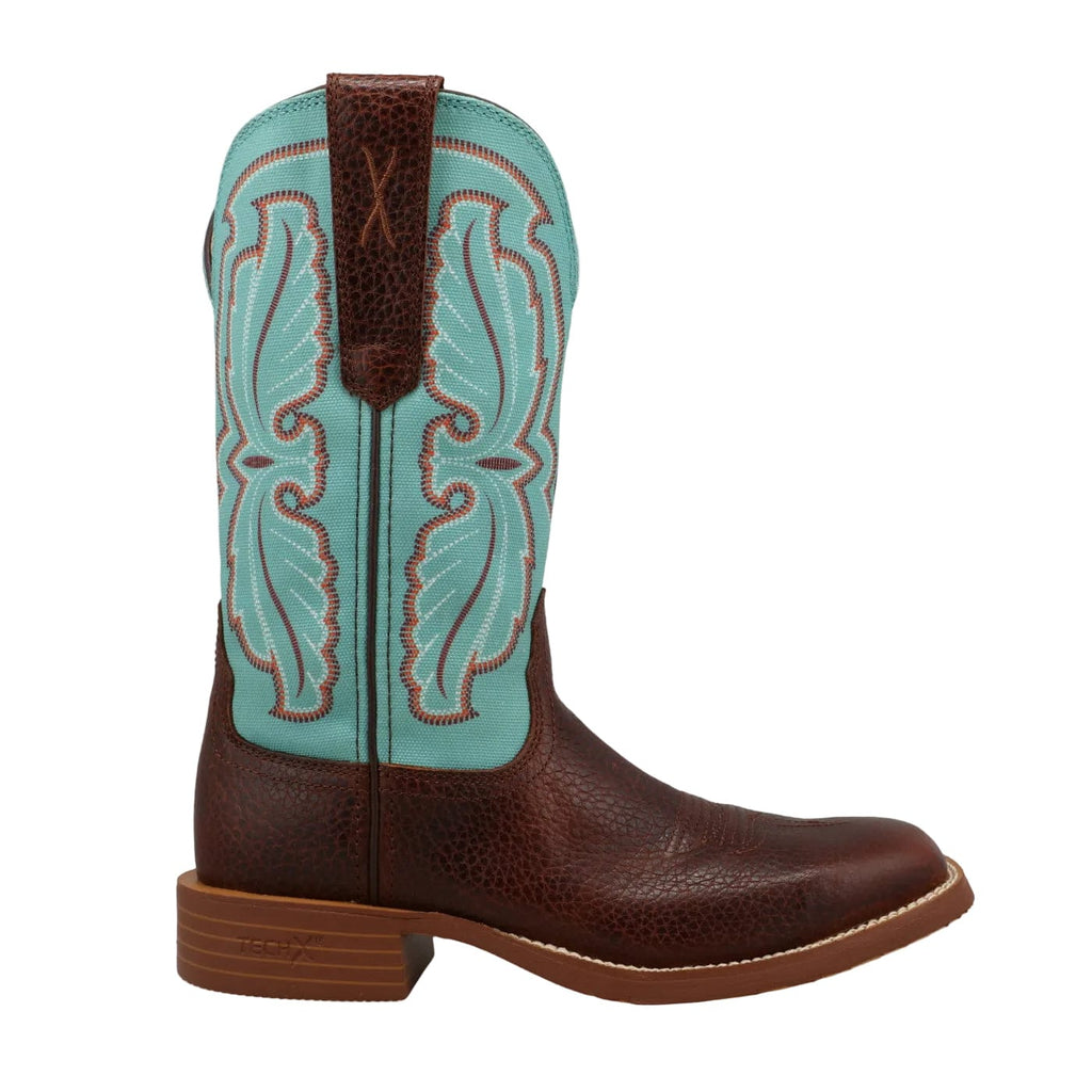 Brown Cowboy Boots featuring a turquoise upper shaft & showing an intricate stitch pattern. 