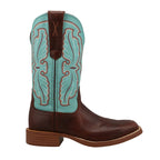 Brown Cowboy Boots featuring a turquoise upper shaft & showing an intricate stitch pattern. 