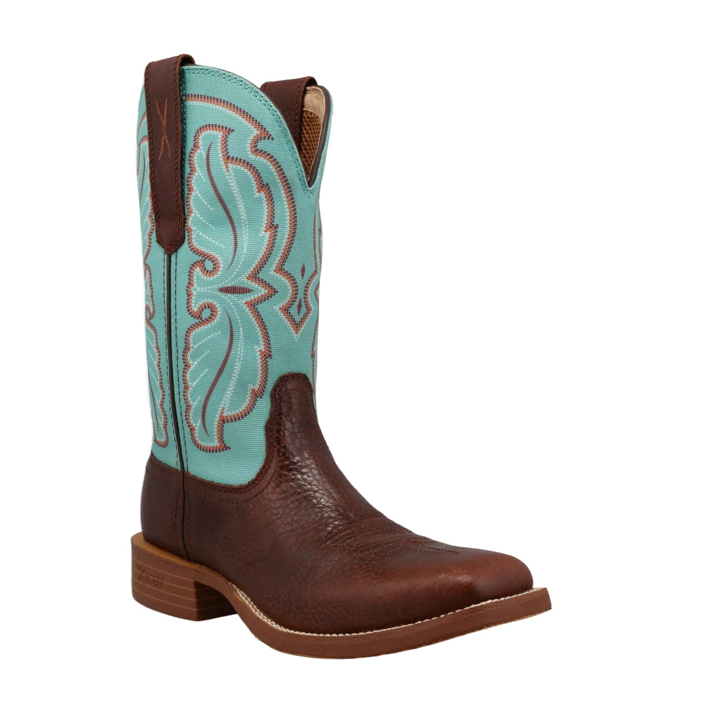 Brown Cowboy Boots featuring a turquoise upper shaft & showing an intricate stitch pattern. 
