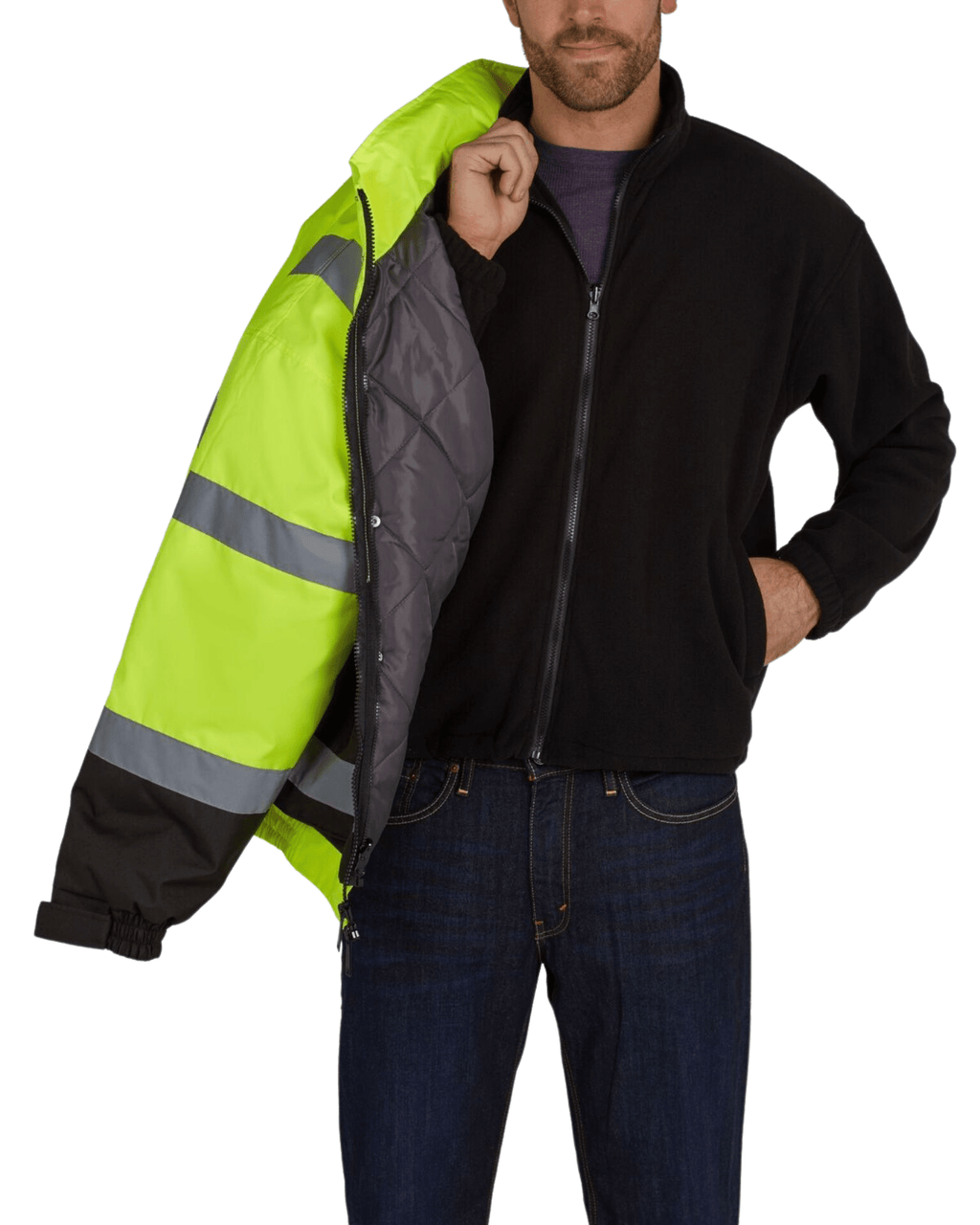 Utility Pro Wear Men's Outerwear UHV563 HiVis Bomber Jacket with Removable Fleece & Teflon Fabric Protector - Yellow