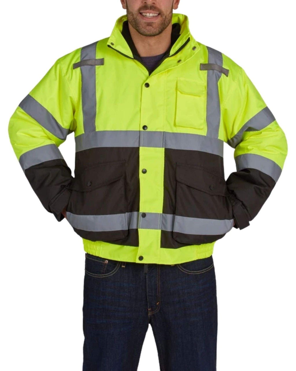 Utility Pro Wear Men's Outerwear UHV563 HiVis Bomber Jacket with Removable Fleece & Teflon Fabric Protector - Yellow