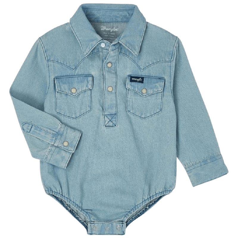 WRANGLER JEANS Shirts Wrangler Baby Boy's Faded Blue Denim Long Sleeve Western Snap Onesie 10PQ1371D