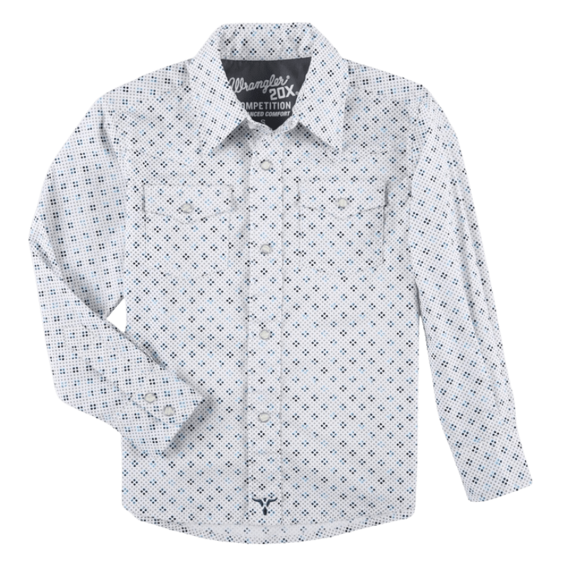 WRANGLER JEANS Shirts Wrangler Boy's 20X Advanced Comfort Blue Quatrefoil Long Sleeve Western Snap Shirt 2324807
