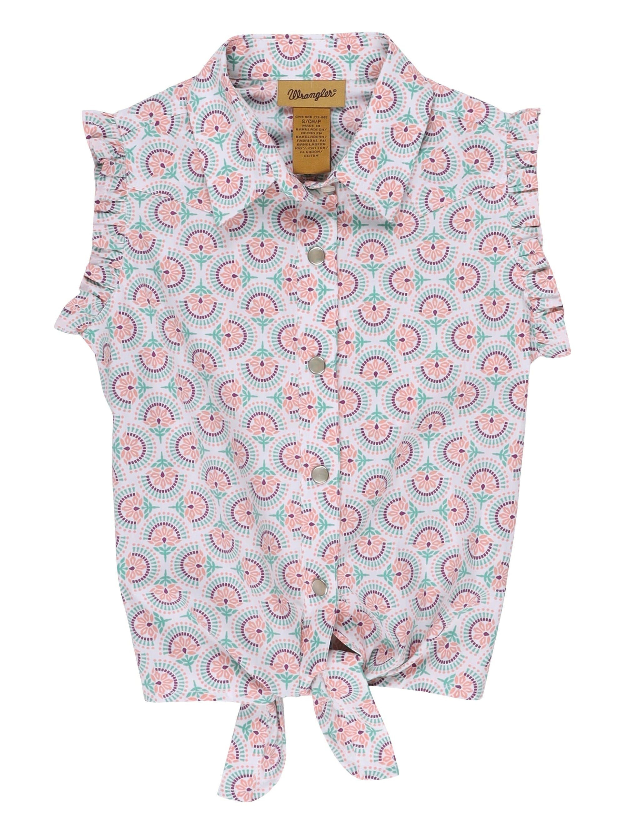 WRANGLER JEANS Shirts Wrangler Girls Pink & Teal Tie Front Sleeveless Western Snap Shirt 112329229