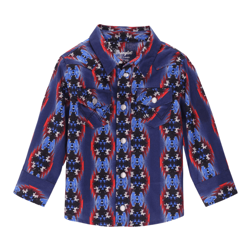 WRANGLER JEANS Shirts Wrangler Little Boy's Blue Checotah Print Long Sleeve Western Snap Shirt 112338161
